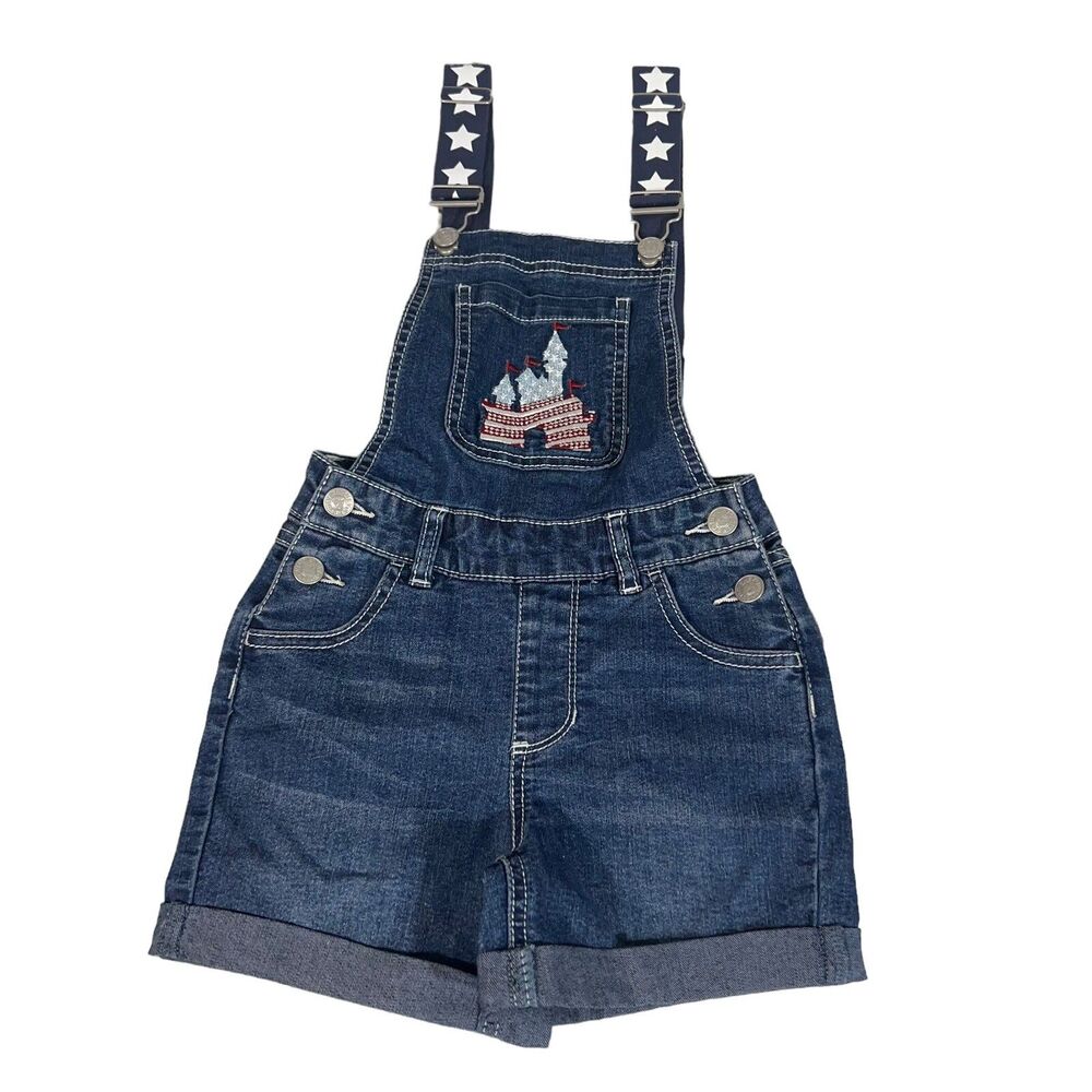 Disney Denim Overall Shorts Embroidered Castle Stretch Cuffed GIRLS XS (4/5)